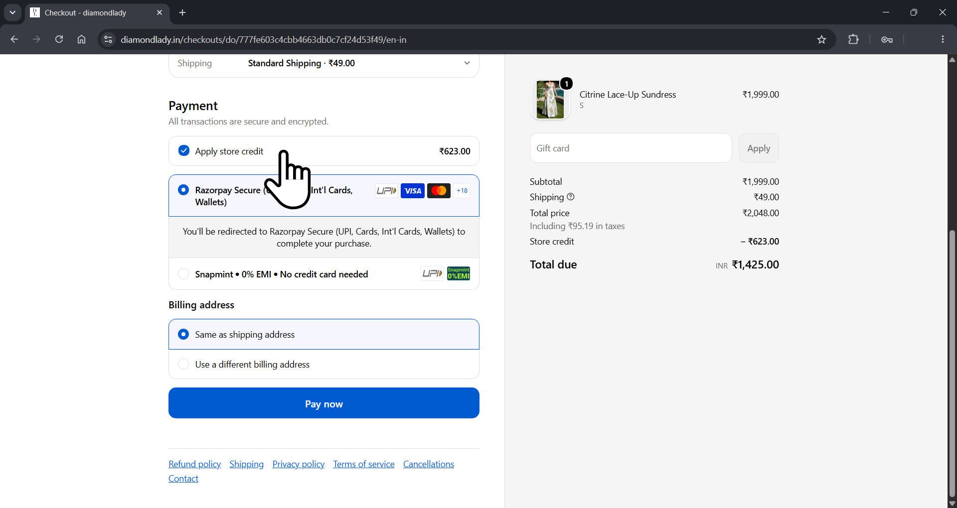 Apply store credit and complete the balance payment